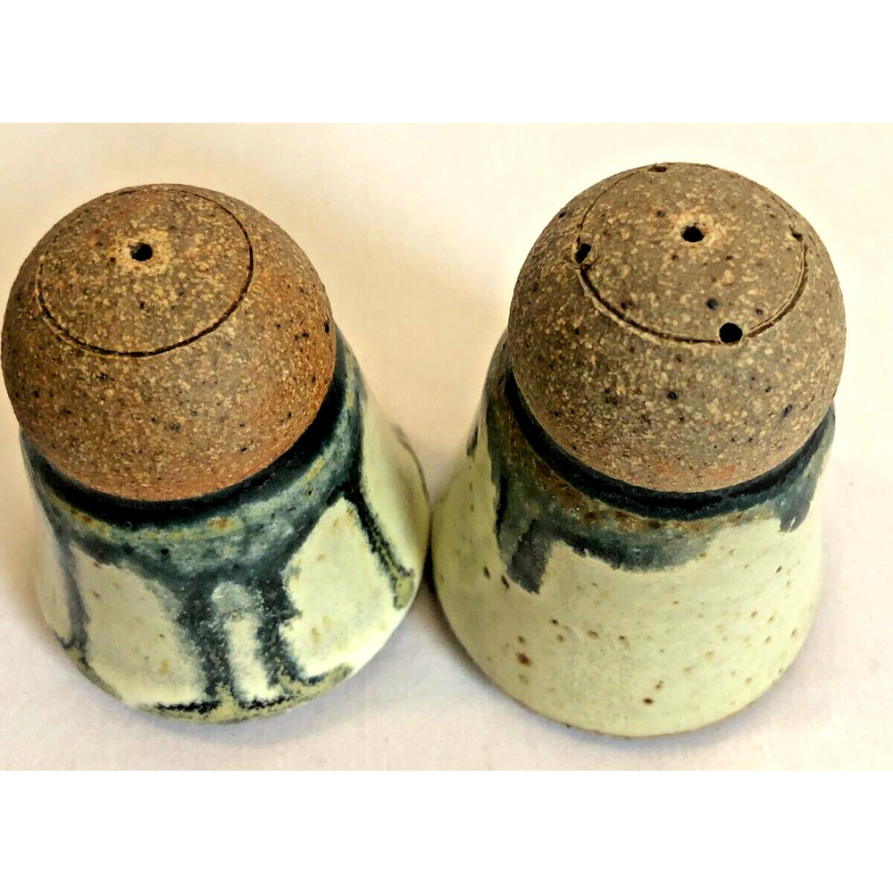 Handmade Art Pottery Shakers Drip Glaze Orb Mod Holes on Side Gray Tan Unmarked - Picture 3 of 4
